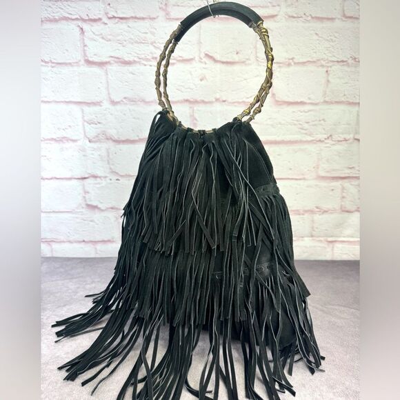 RARE Valentino Black Suede Fringe Hobo Bag - Picture 1 of 12
